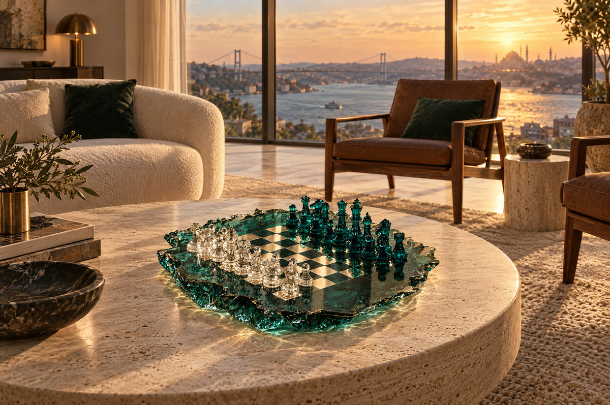 GG Chess Boğaz epoksi satranç takımı, Boğaz manzaralı bir salonda